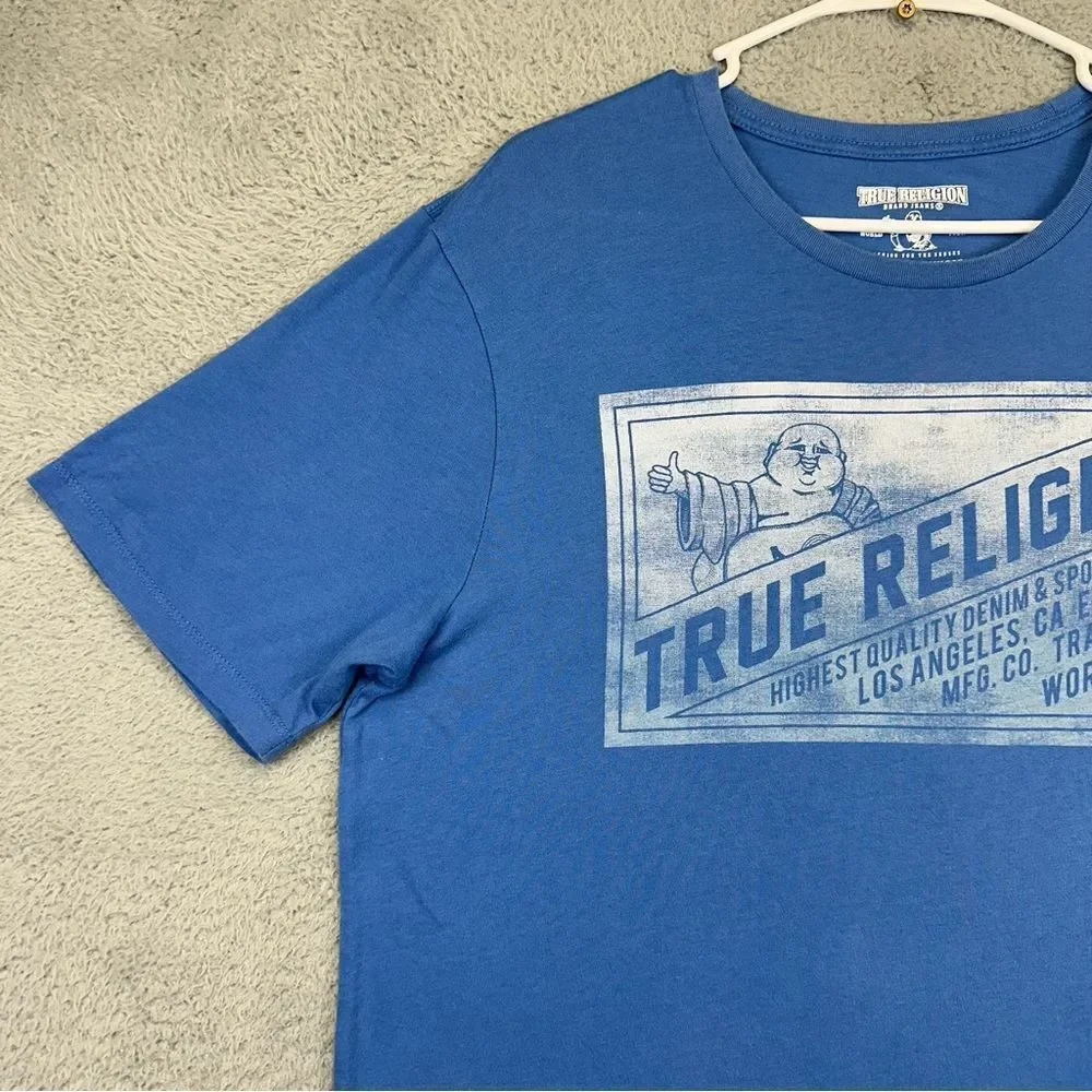 True Religion Shirt Mens Large Blue Box Budha CRW NK Front Logo Rock‎ Hipster